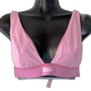 SKIMS Cotton Plunge Ribbed Bralette Bubble Gum Pink Womens XL
